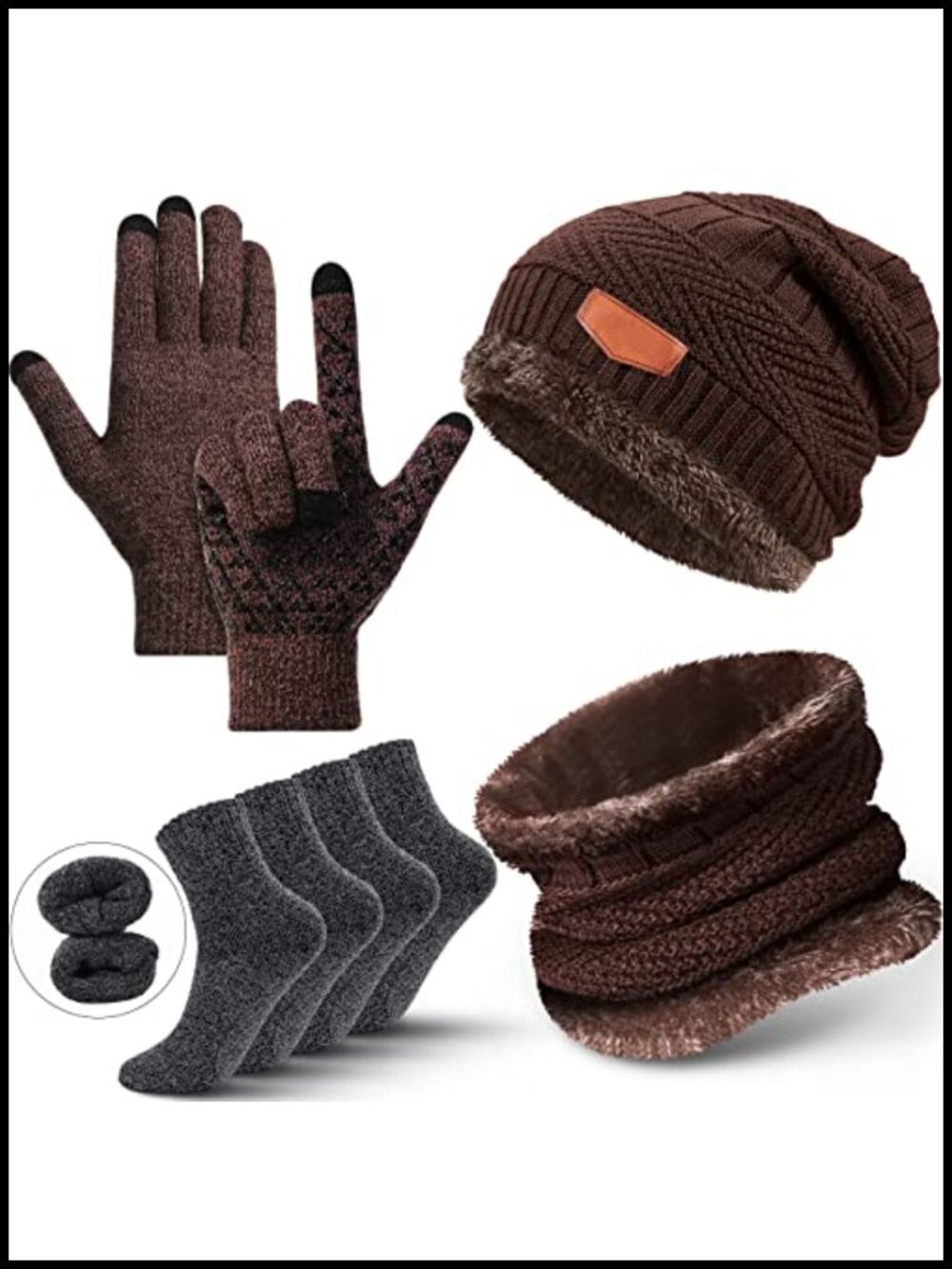 Winter Fleece Lined Beanie Scarf Sock Touchscreen Gloves Set